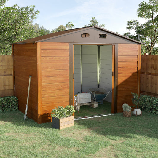 Outsunny 9 x 6ft Garden Metal Storage Shed House Hut Gardening Tool Storage with Kit and Ventilation, Brown with Wood Grain