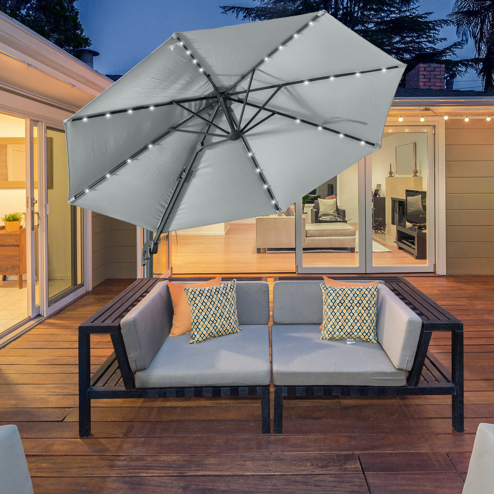 3(m) Cantilever Roma Parasol Patio Sun Umbrella with LED Solar Light Cross Base 360° Rotating Outdoor, Grey