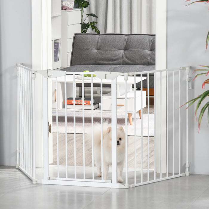 Pet Safety Gate 3-Panel Playpen Fireplace Christmas Tree Metal Fence Stair Barrier Room Divider with Walk Through Door Automatically Close Lock White