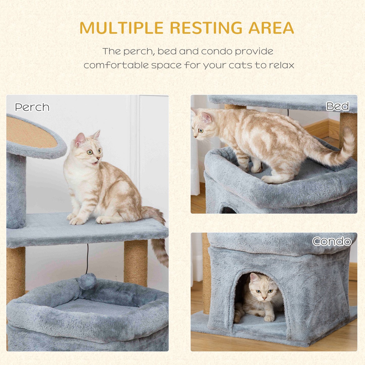 Cat Tree Tower for Indoor Cats Kitten Activity Center with Scratching Posts Pad Condo Perch Bed Interactive Ball Toy 48 x 48 x 84cm, Grey
