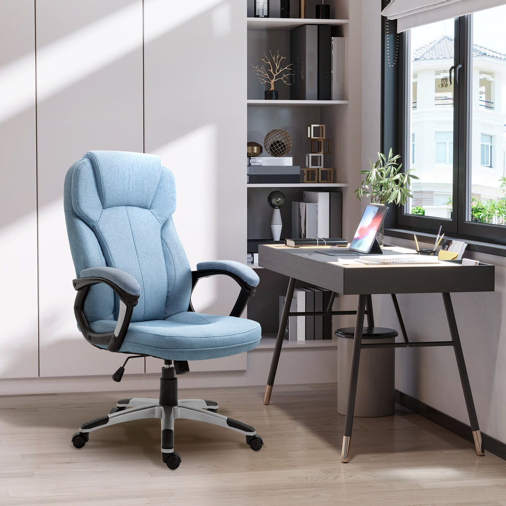 Linen Fabric Home Office Chair, Height Adjustable Computer Chair with Padded Armrests and Tilt Function, Blue