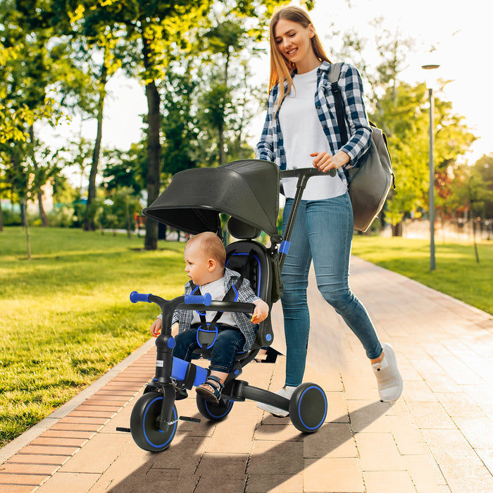 AIYAPLAY 3 in 1 Kids Trike with Parent Handle, Tricycle Balance Bike w/ Aluminium Frame, Adjustable Push Handle Canopy and Seat Angle for Ages 18-48 Months - Blue