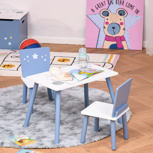HOMCOM 3 Pcs Kids Table & Chairs Set w/ Wood Legs Safe Corners Cute Stars Seating Mini Furniture Home Playroom Bedroom Dining Room Blue