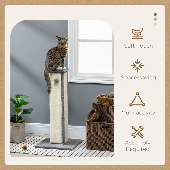 Cat Scratching Post for Indoor Cats, 81cm Cat Scratcher, Vertical Full Scratcher with Natural Sisal Rope, Hanging Ball and Soft Plush, Grey