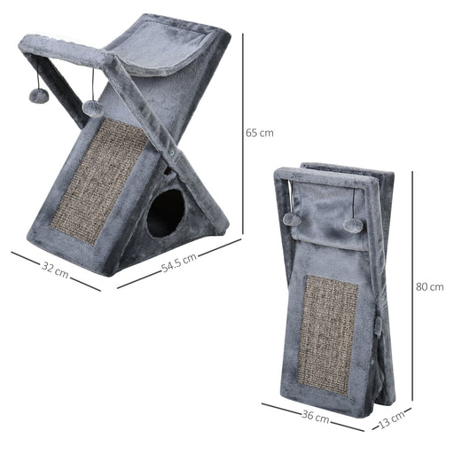 Two Tier Cat Tree for Indoor Cats Play Rest Activity Tower Plush Folding Relax Center w/ Scratching Post Hammock Pom Poms Grey