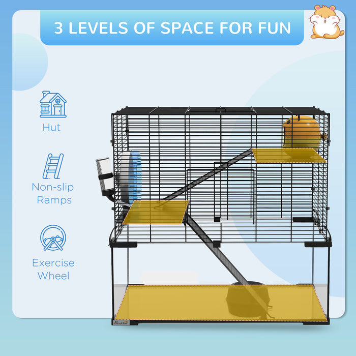 3 Tiers Hamster Cage, Gerbil Cage with Deep Glass Bottom, Non-Slip Ramps, Platforms, Hut, Exercise Wheels, Water Bottle, Dish, for Syrian Hamster, Dwarf Hamster, 60 x 40 x 57cm