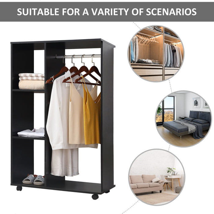 Open Wardrobe with Hanging Rail and Storage Shelves w/Wheels Bedroom- Black