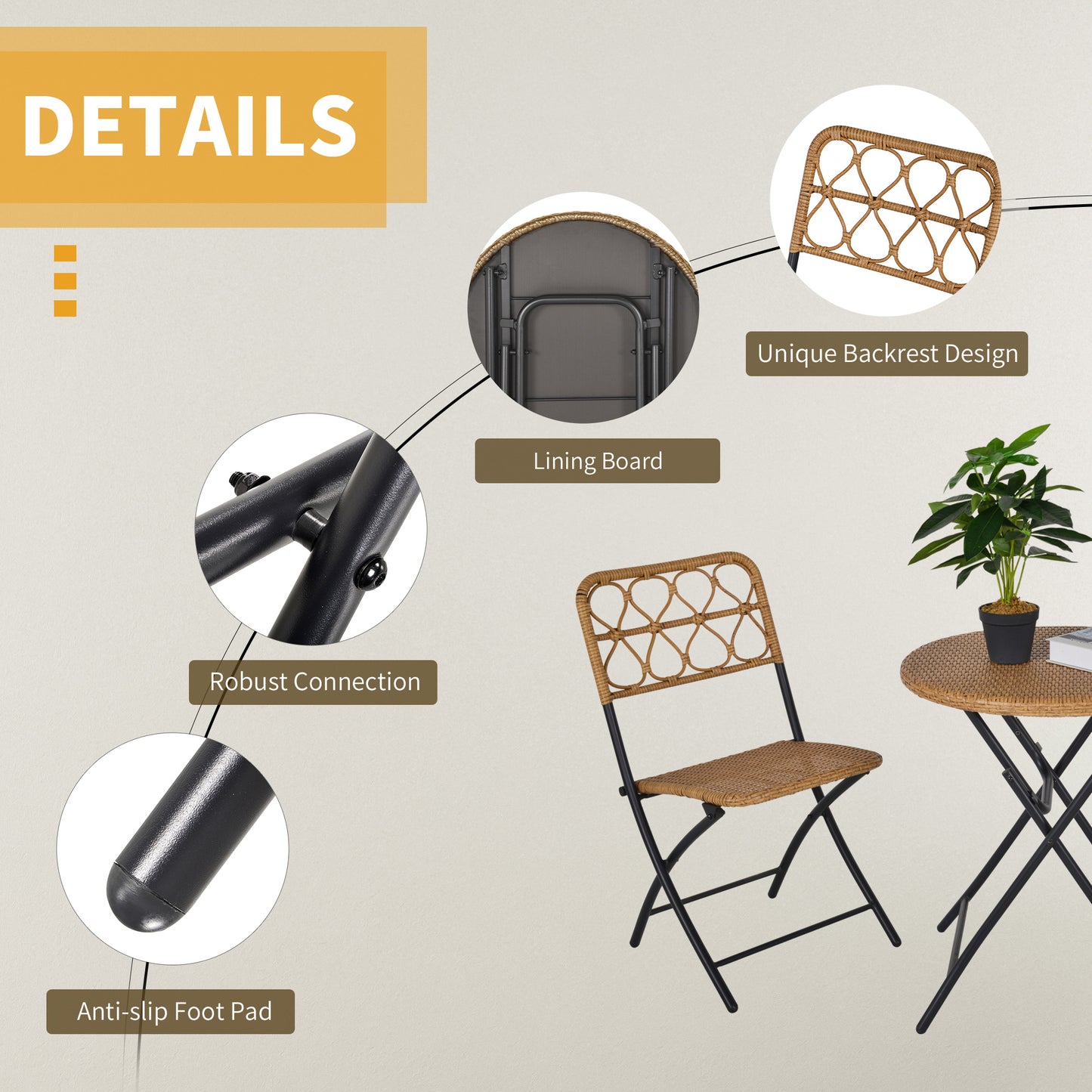 Outsunny 3 PCS Rattan Wicker Bistro Set with Easy Folding, Hand Woven Rattan Coffee Table and Chairs for Outdoor Lawn, Pool, Balcony & Garden, Natural