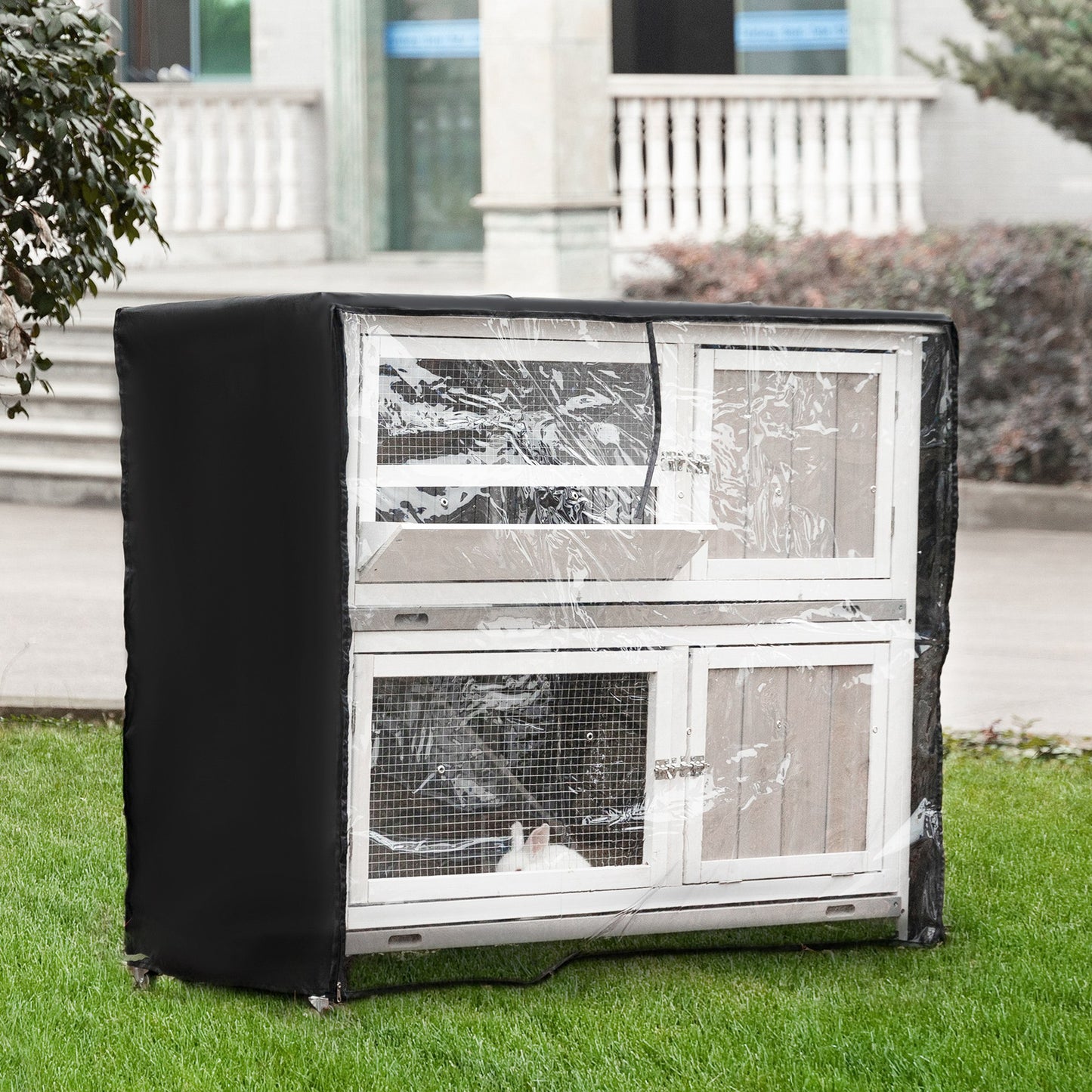 4 FT Rabbit Hutch Two Tier Wooden Guinea Pig Cage Bunny House w/ Rain Cover, Wheels - Grey