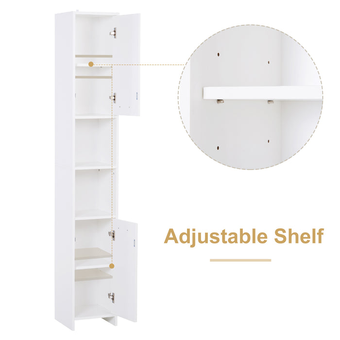 Slim Bathroom Tall Cabinet, High Floor Cabinet Unit for Bathroom, Freestanding Storage Cabinet with 2 Doors and Adjustable Shelves, White