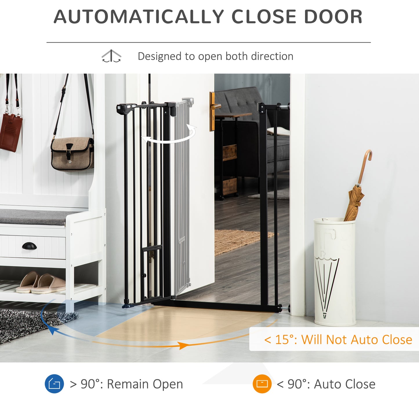 Extra Tall Dog Gate with Cat Flap, Pet Safety Gate for Doorways Stairs with Auto Close Double Locking, 104 cm Tall 74-80 cm Wide, Black