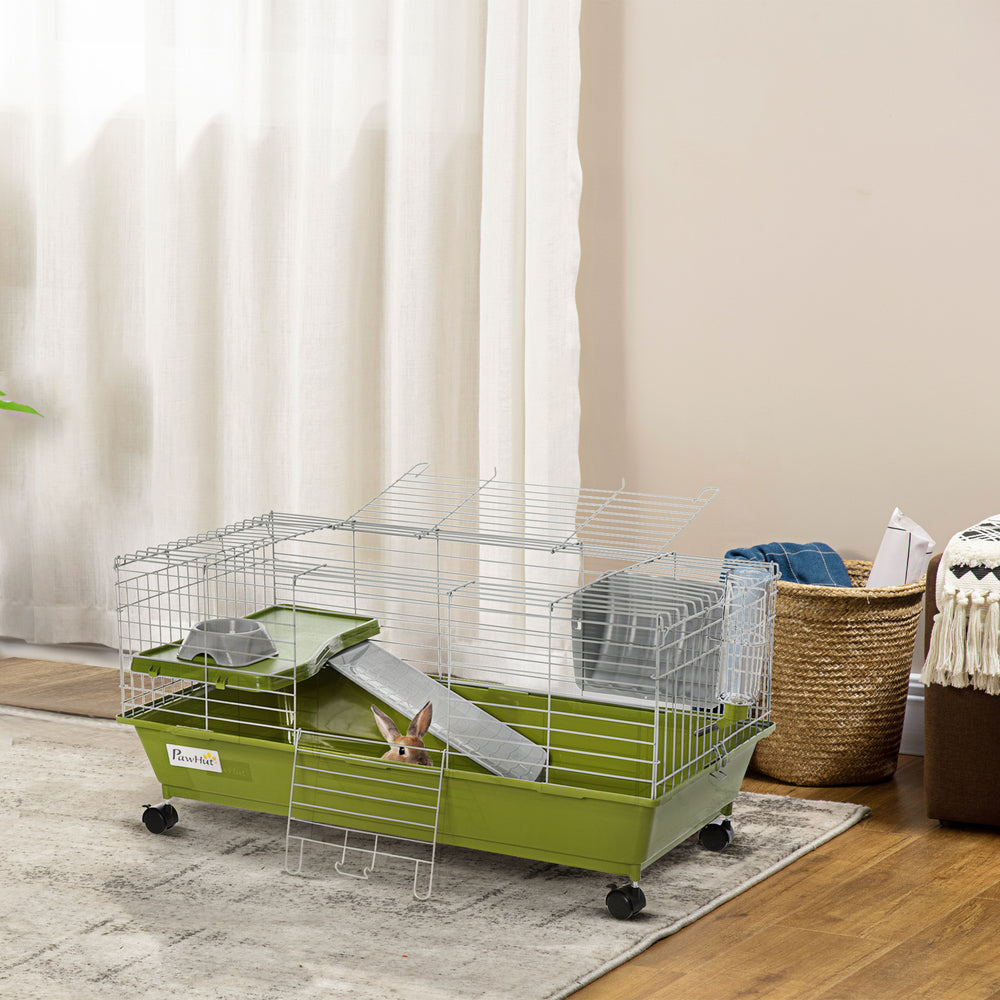 Small Animal Cage Rabbit Guinea Pigs Chinchillas Cage w/ Wheels Water Bottle Food Dish Platform Ramp 89 x 44 x 43 cm Green