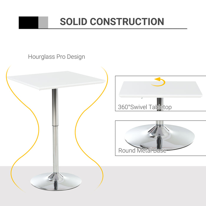 Square Height Adjustable Bar Table Counter Pub Desk with Metal Base for Home Bar, Dining Room, Kitchen, White