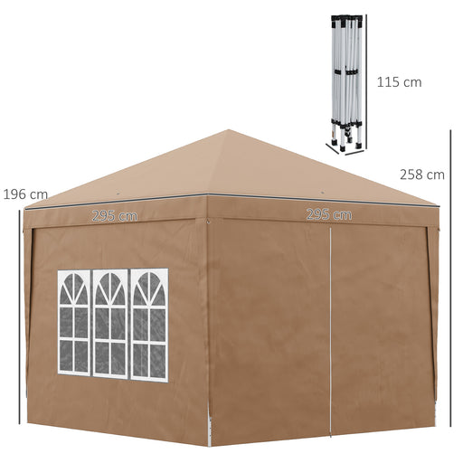 3 x 3m Pop Up Gazebo, Wedding Party Canopy Tent Marquee with Carry Bag and Windows, Coffee