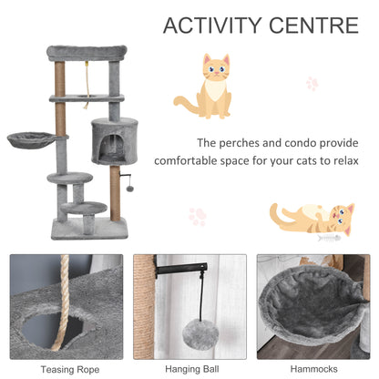 Cat Tree Tower for Indoor Cats 120cm Climbing Kitten Activity Center with Jute Scratching Post Perch Hanging Ball Hammock Teasing Rope Condo Toy Light Grey