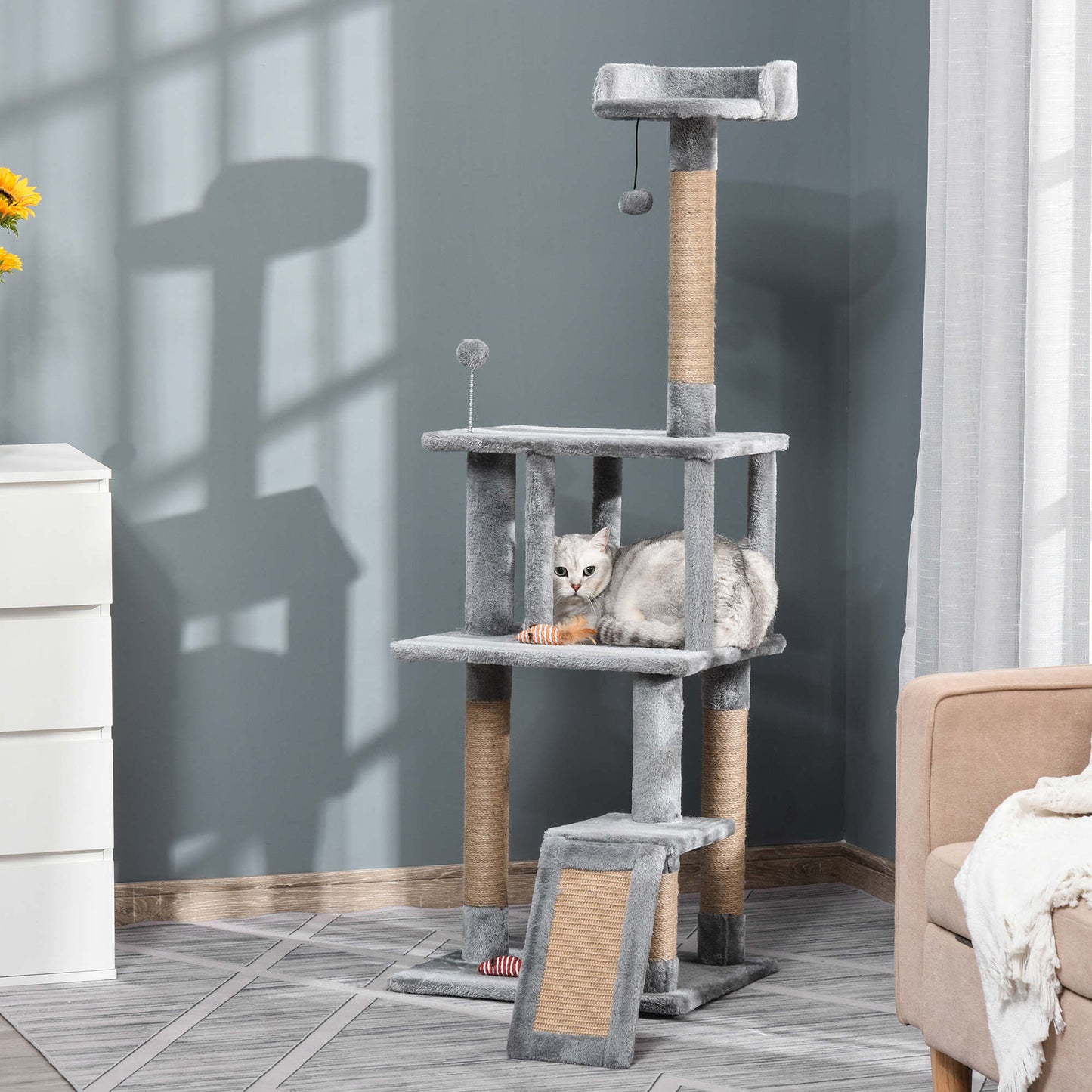 Cat Tree Tower for Indoor Cats 142cm Climbing Kitten Activity Center with Jute Scratching Post Board Perch Roomy Condo Removable Felt Hanging Toy, Grey