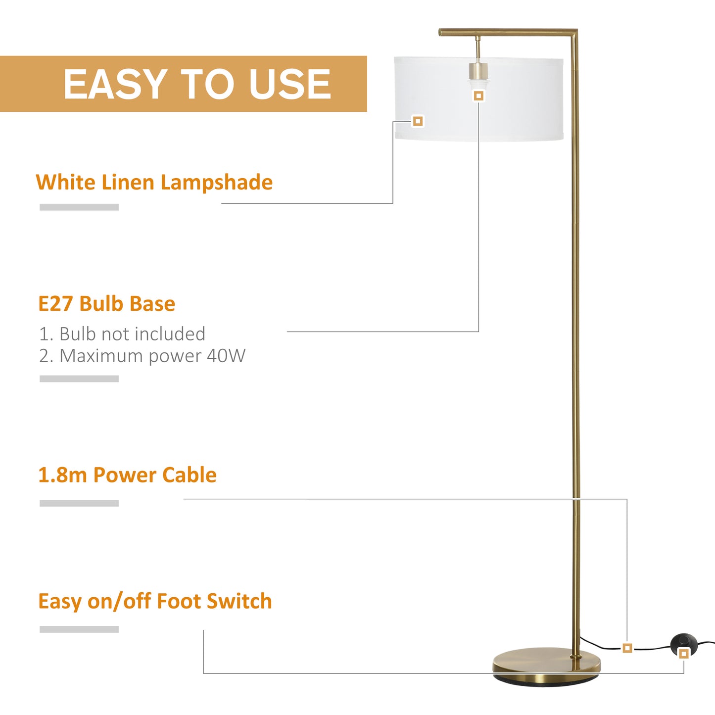 Floor Lamp, Modern Standing Light with Linen Lampshade, Round Base for Living Room, Bedroom, Dining Room, Gold and White