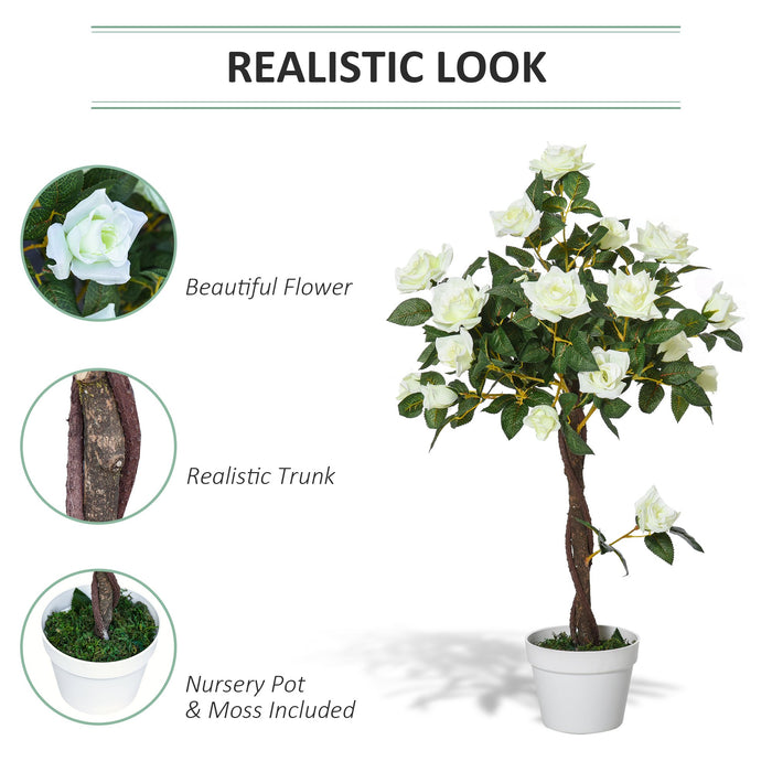 90cm/3FT Artificial Rose Tree Fake Decorative Plant w/ 21 Flowers Pot Indoor Outdoor Faux Decoration Home Office Décor White & Green