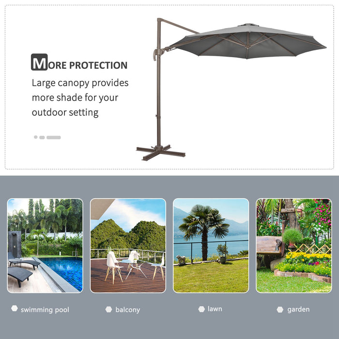 3(m) Cantilever Parasol 360° Rotation Roma Umbrella Hanging Sun Shade with Aluminum Frame, Tilt Crank, 8 Ribs and Cross Base, Dark Grey