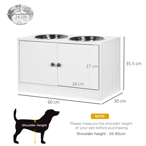 Raised Dog Bowls for Large Dogs Pet Feeding Station w/ Stand, Storage, Two Stainless Steel Bowls - White