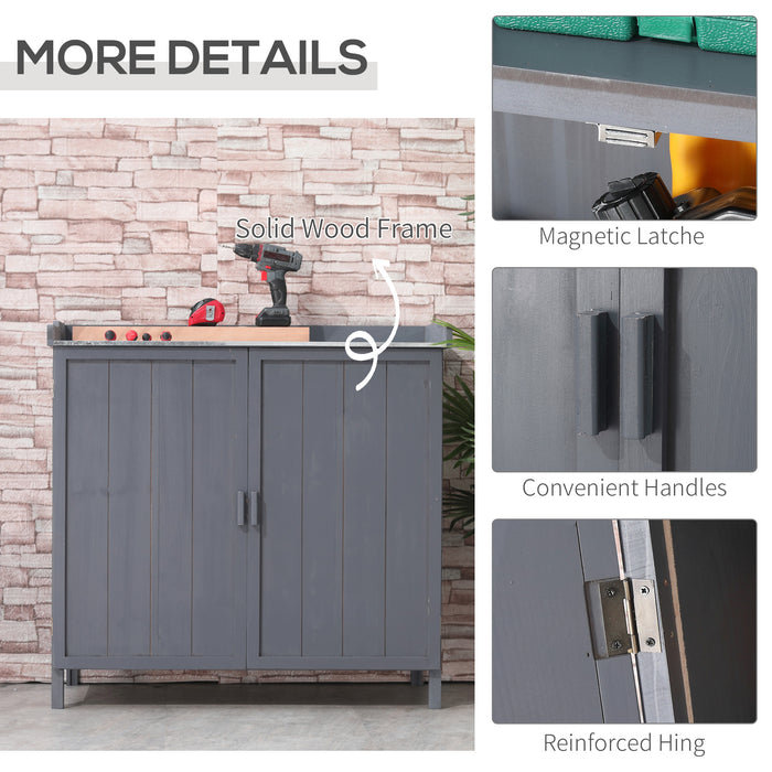 Wooden Garden Storage Shed Tool Cabinet Organiser w/ Potting Bench Table, Two Shelves, 98 x 48 x 95.5 cm, Grey