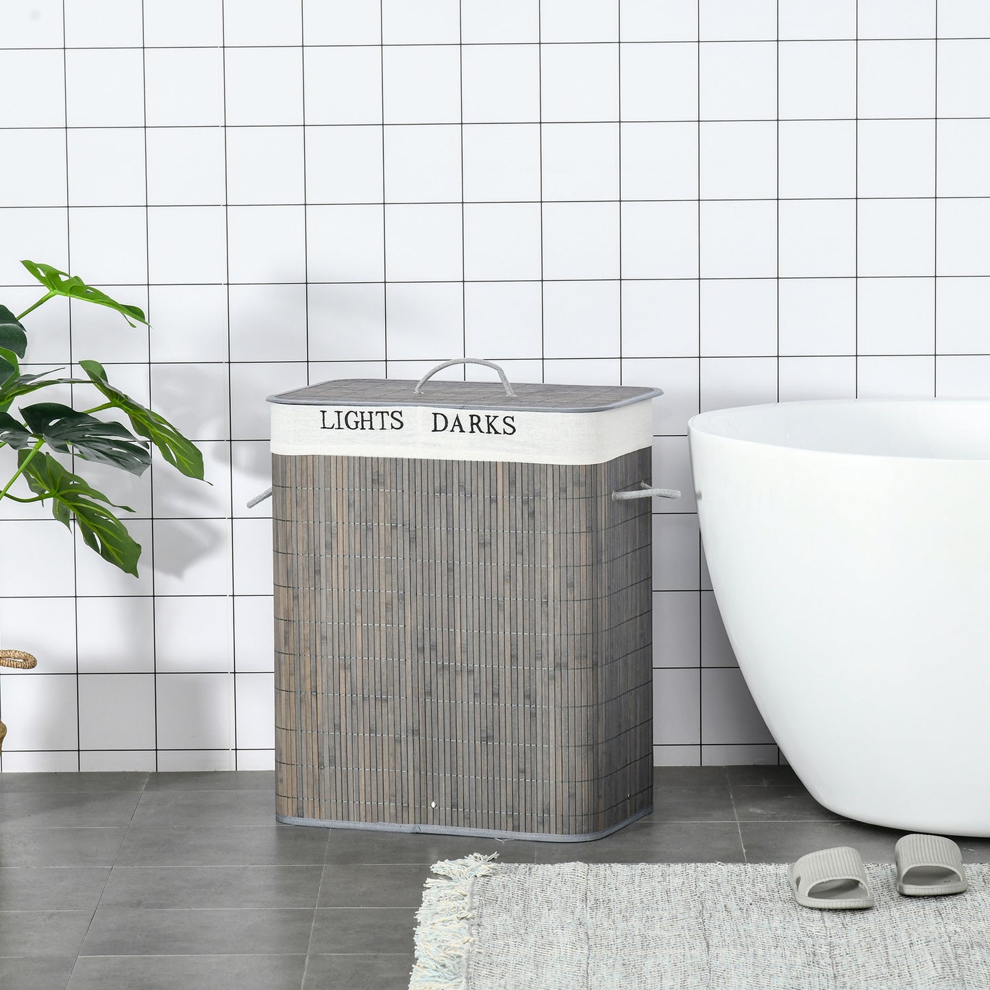 HOMCOM 100L Laundry Basket with Flip Lid String Handles, 2 Section Collapsible Hamper Removable Lining Foldable Water-Resistant Dirty Clothes Storage, Grey