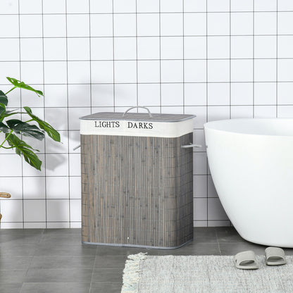 HOMCOM 100L Laundry Basket with Flip Lid String Handles, 2 Section Collapsible Hamper Removable Lining Foldable Water-Resistant Dirty Clothes Storage, Grey