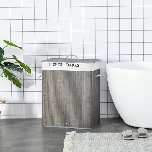 HOMCOM 100L Laundry Basket with Flip Lid String Handles, 2 Section Collapsible Hamper Removable Lining Foldable Water-Resistant Dirty Clothes Storage, Grey