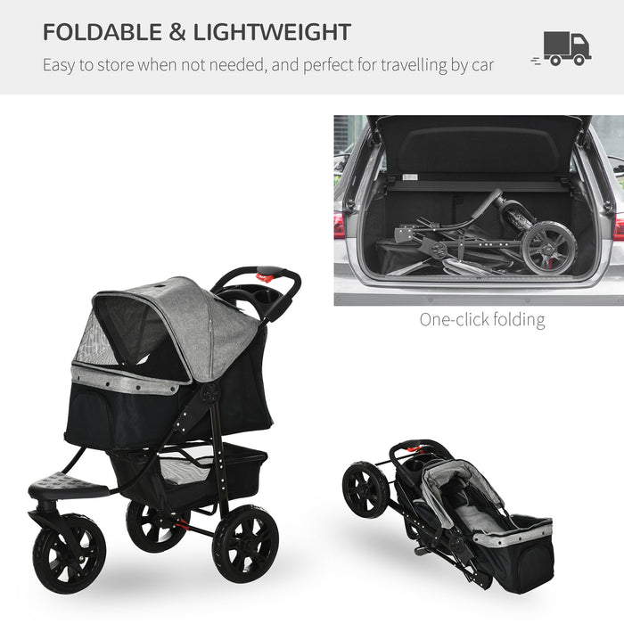 Folding Pet Stroller 3 Wheel Dog Jogger Travel Carrier Adjustable Canopy Storage Brake Mesh Window for Small Miniature Dog Cat Grey