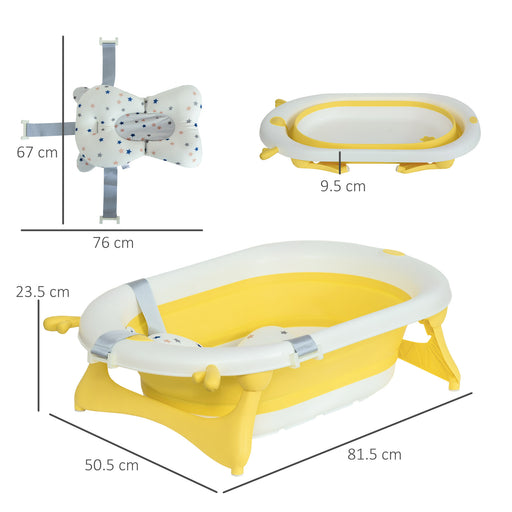 Collapsible Baby Bath Tub Foldable Ergonomic w/ Cushion Temperature Sensitive Water Plug Non-Slip Support Leg Portable for 0-3 Years, Yellow