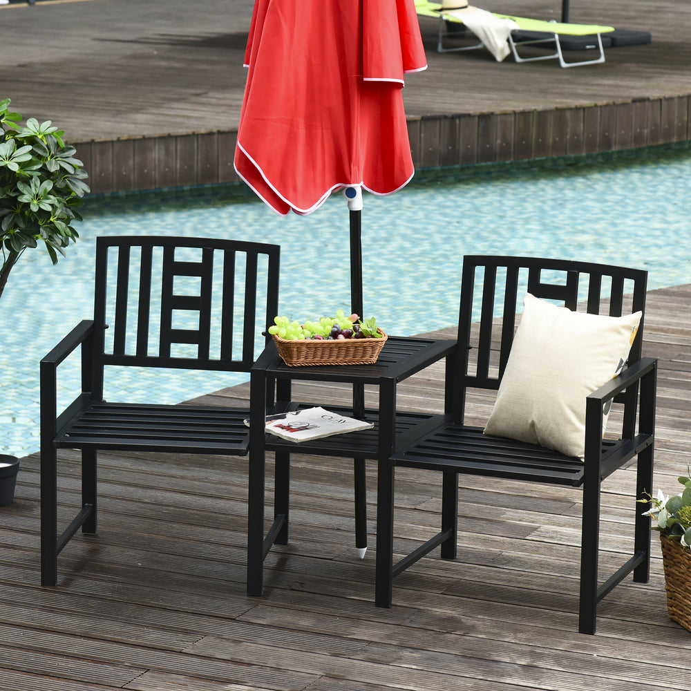 Outsunny Patio Tete-a-tete Chair 2 Seat Bench Middle Coffee Table w/ Umbrella Hole for Outdoors Decorative Slatted Design Steel Frame Black