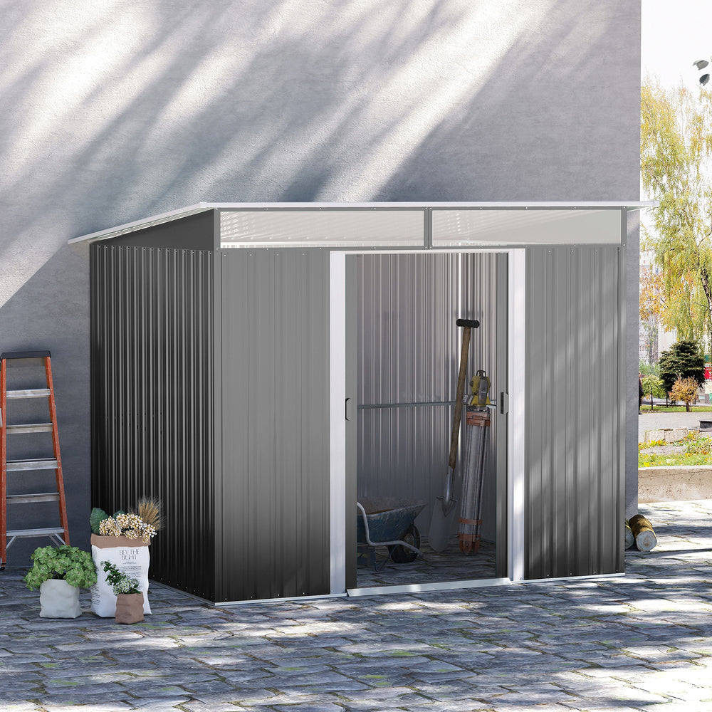 Outsunny Garden Metal Storage Shed House Hut Gardening Tool Storage w/ Tilted Roof and Ventilation 8.5 x 6ft, Grey