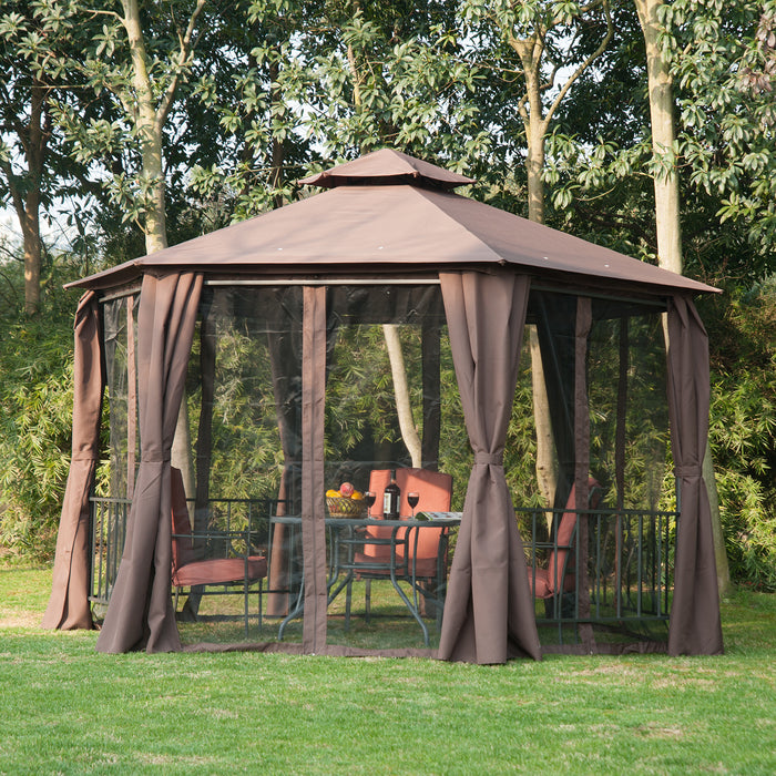 Outsunny 3 x 3(m) Hexagon Gazebo Patio Canopy Party Tent Outdoor Garden Shelter w/ 2 Tier Roof & Side Panel - Brown