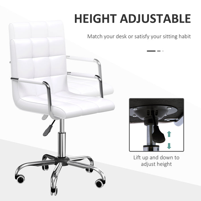 Mid Back PU Leather Home Office Desk Chair Swivel Computer Chair with Arm, Wheels, Adjustable Height, White