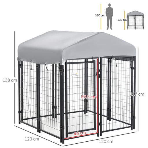 Outdoor Dog Kennel, Metal Playpen Fence Dog Run with UV-Resistant Canopy and Locks, for Small and Medium Dogs, 120 x 120 x 138cm