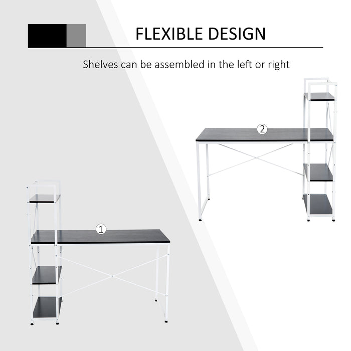 Computer Desk PC Table Study Workstation Home Office with 4-tier Bookshelf Storage Metal Frame Wooden Top (Black & White)