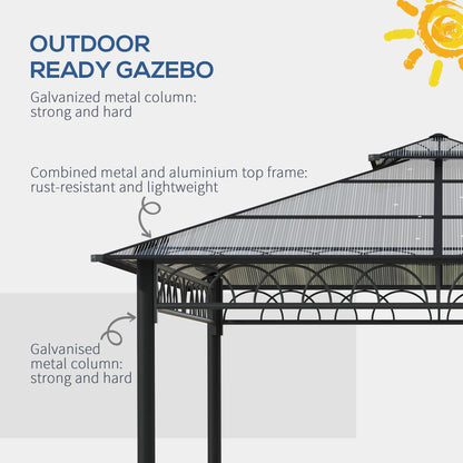 3 x 3m Outdoor Polycarbonate Gazebo with Double Roof, Galvanised Steel Frame and Curtains
