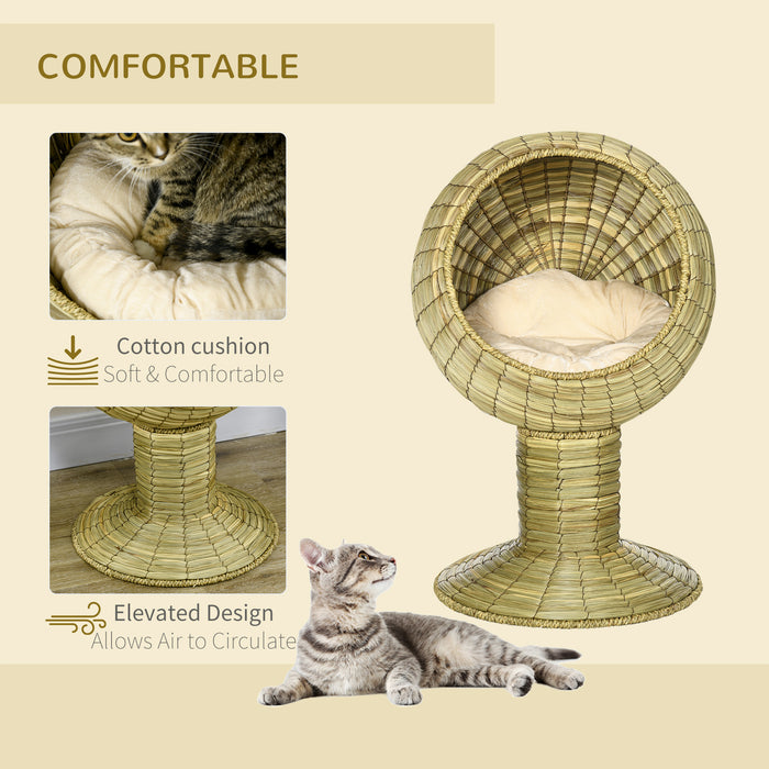 Raised Cat House, Natural Mat Grass Cat Bed, Kitten Cave with Cushion, Detachable Top, Yellow, âÃ­Â¬â41x 69 cm