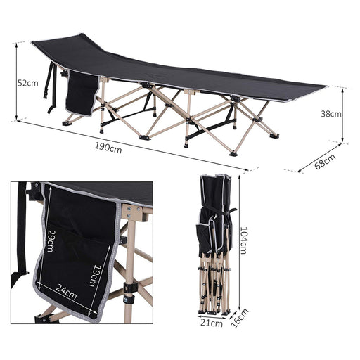 Outsunny Single Person Camping Bed Folding Cot Outdoor Patio Portable Military Sleeping Bed Travel Guest Leisure Fishing with Side Pocket and Carry Bag - Black
