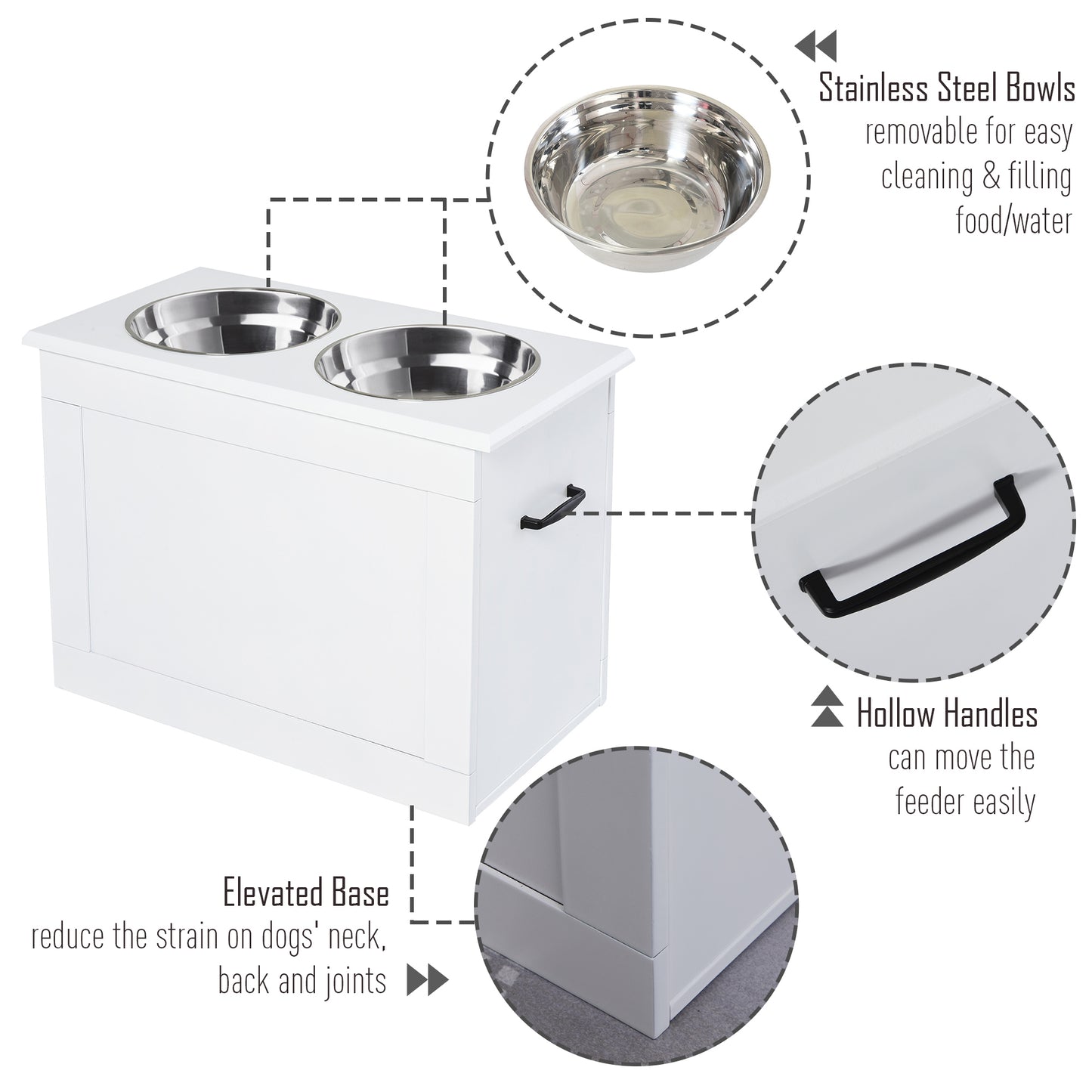 Raised Dog Bowls Pet Feeding Storage Station with 2 Stainless Steel Bowls Base for Large Dogs and Other Large Pets, White