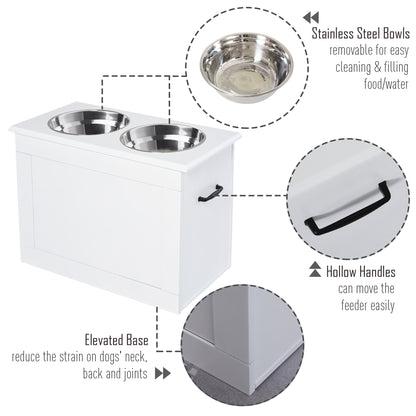 Raised Dog Bowls Pet Feeding Storage Station with 2 Stainless Steel Bowls Base for Large Dogs and Other Large Pets, White