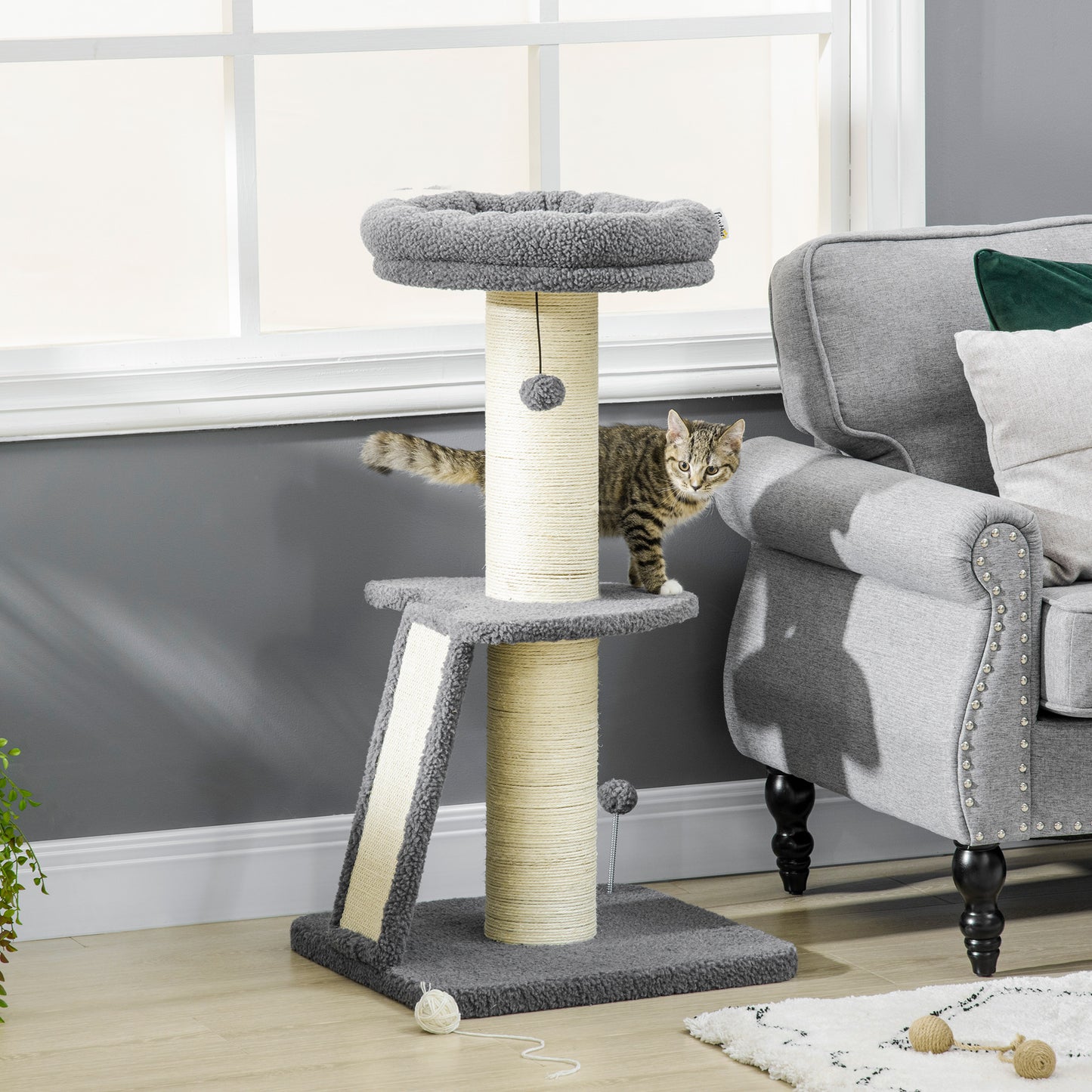 Cat Tree Tower, Cat Activity Centre, with Sisal Scratching Post, Multi Level Cat Climbing Frame Indoor, 48 x 48 x 92 cm, Dark Grey