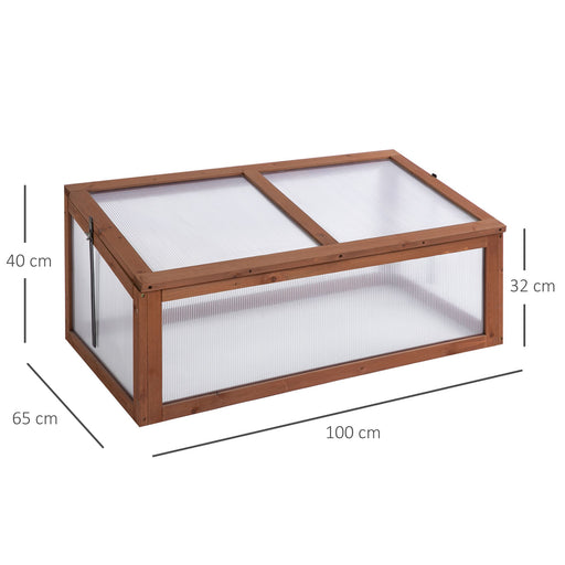 Wooden Framed Polycarbonate Cold Frame Greenhouse for Plants Outdoor with Openable & Tilted Top Cover, PC Board, Brown, 100 x 65 x 40cm