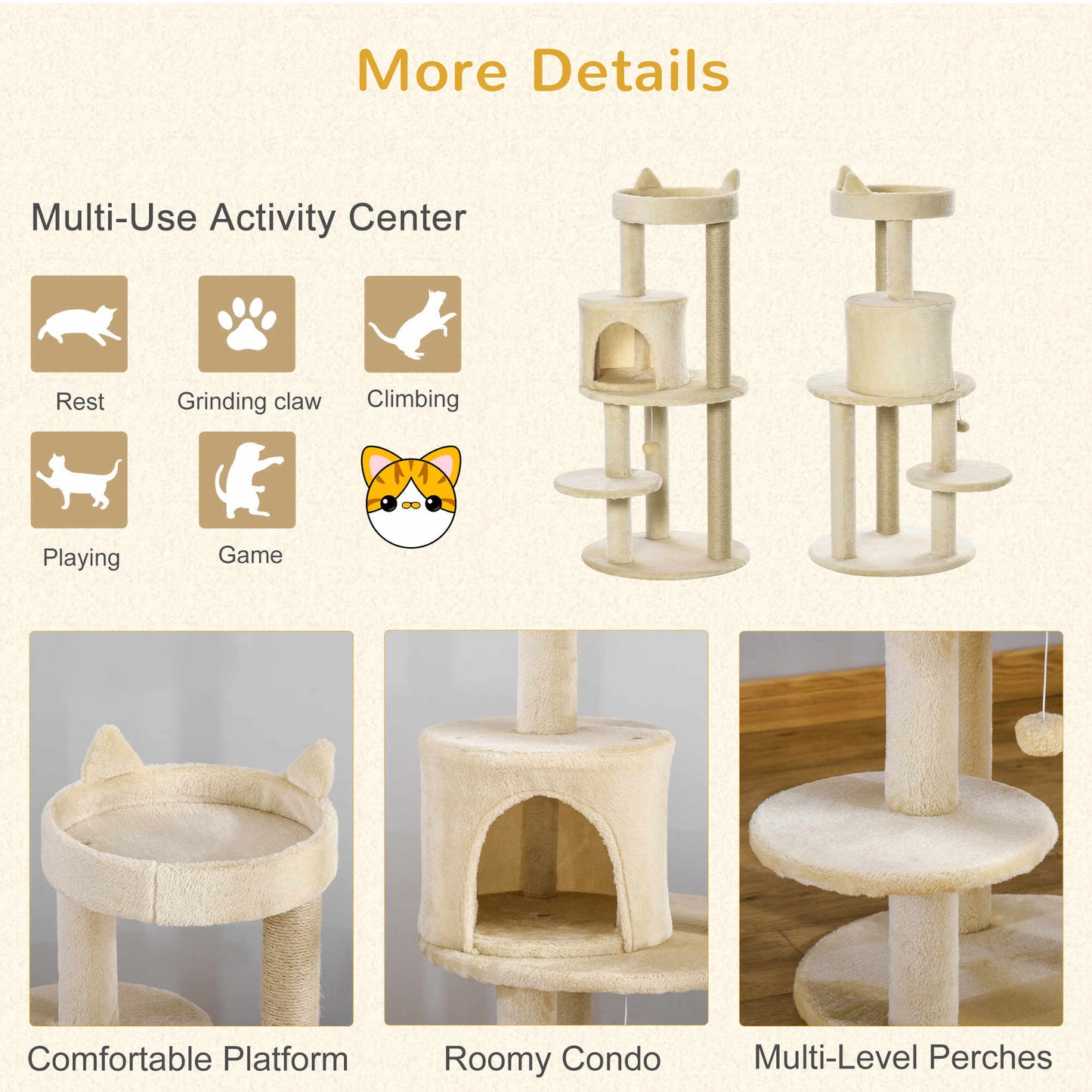 104 cm Cat Tree, Cat Condo Tree Tower, Cat Activity Centre with Scratching Posts, Plush Perch, Hanging Ball - Beige
