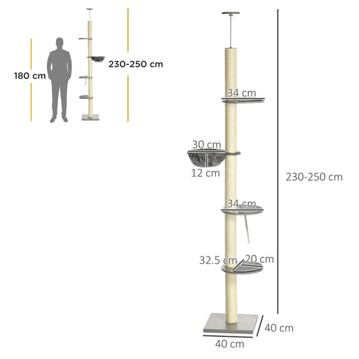250cm Floor to Ceiling Cat Tree, Height Adjustable Kitten Tower, Five-Level Activity Centre with Hammock, Scratching Post, Multiple Perches - Grey