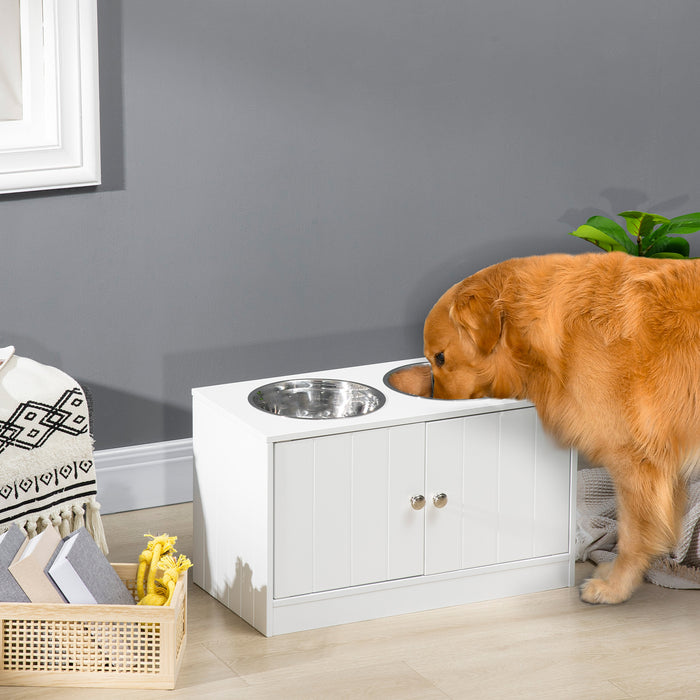 Raised Dog Bowls for Large Dogs Pet Feeding Station w/ Stand, Storage, Two Stainless Steel Bowls - White