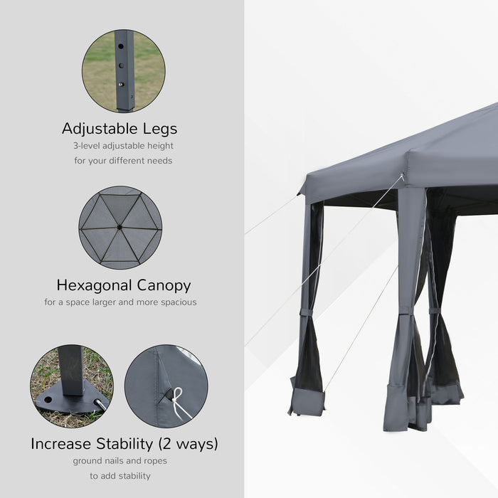 3.2m Pop Up Gazebo Hexagonal Canopy Tent Outdoor Sun Protection with Mesh Sidewalls, Handy Bag, Grey