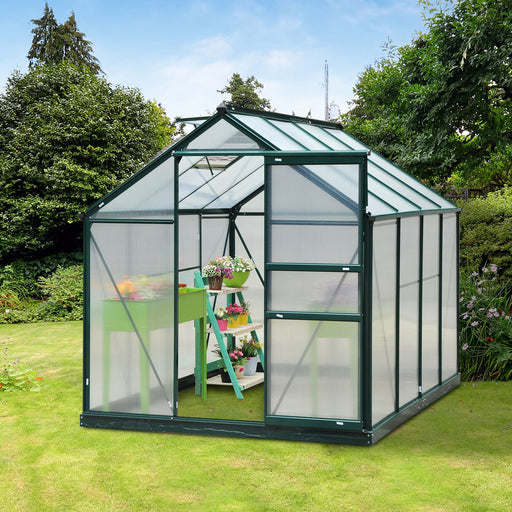 Outsunny 6 x 8ft Polycarbonate Greenhouse, Large Walk-In Green House with Slide Door and Window, Garden Plants Grow House with Aluminium Frame and Foundation