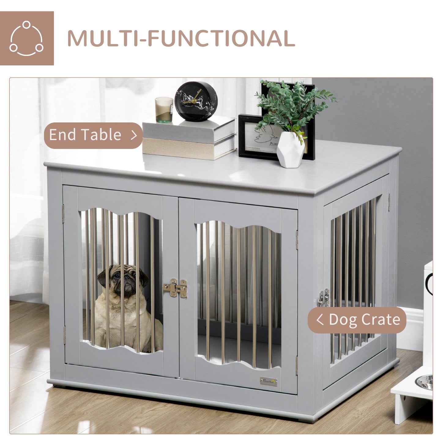 Dog Crate End Table w/ Three Doors, Furniture Style Dog Crate, for Medium Dogs, Indoor Use w/ Locks and Latches - Grey