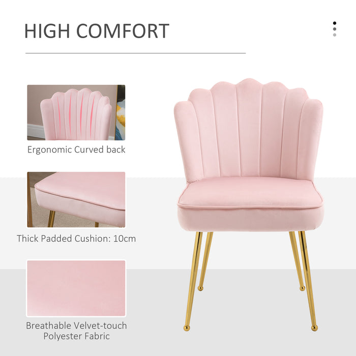 Velvet-Feel Shell Luxe Accent Chair, Glam Vanity Chair Makeup Seat, Home Bedroom Lounge with Metal Legs Comfort Padding, Pink